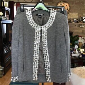 Ellen Tracy Gray Jeweled-Trim Wool Jacket and Skirt Set.